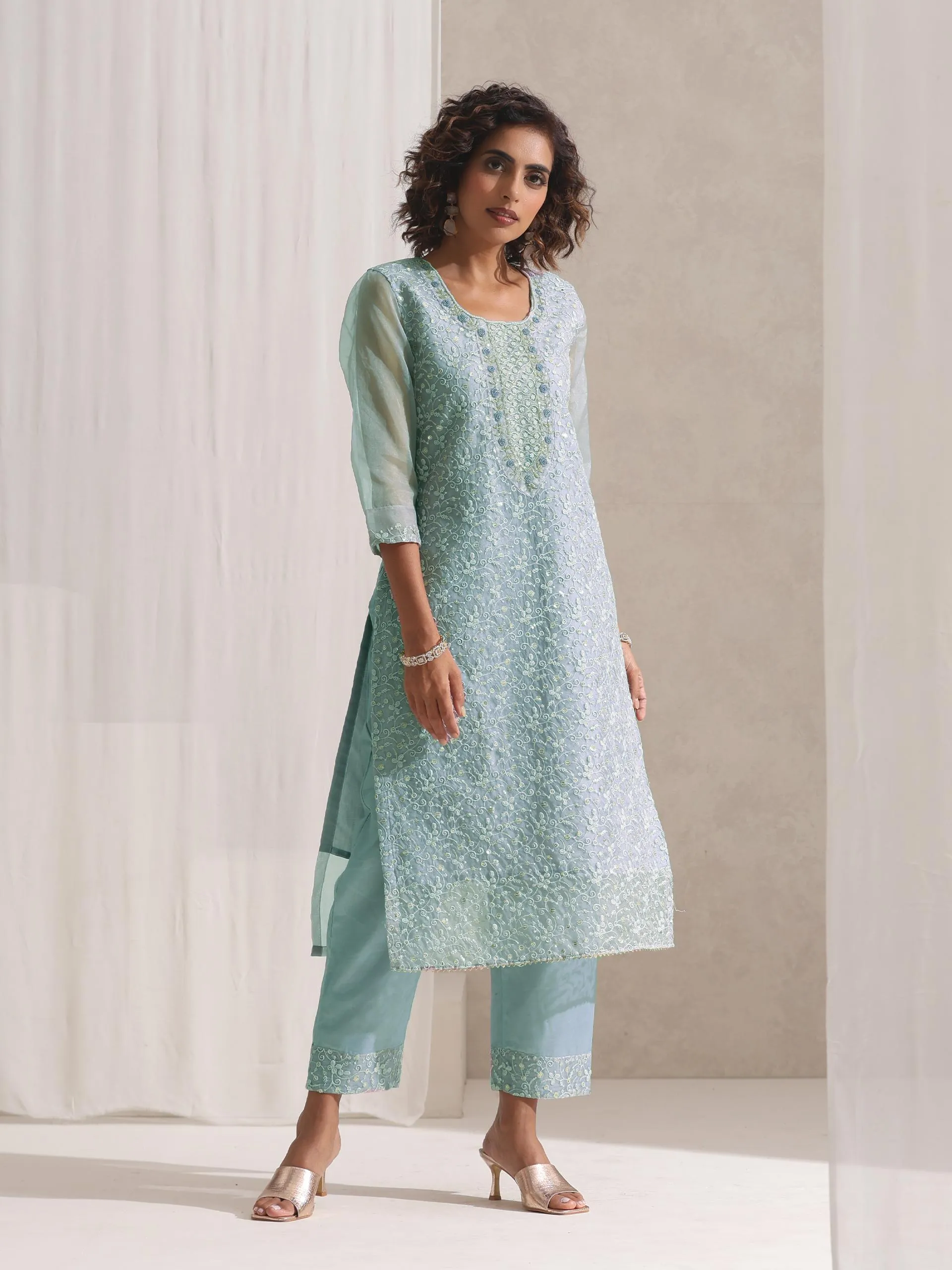 3 Pc SET - Blue Beaded and Embroidered Organza Kurta and Dupatta with Pyjama