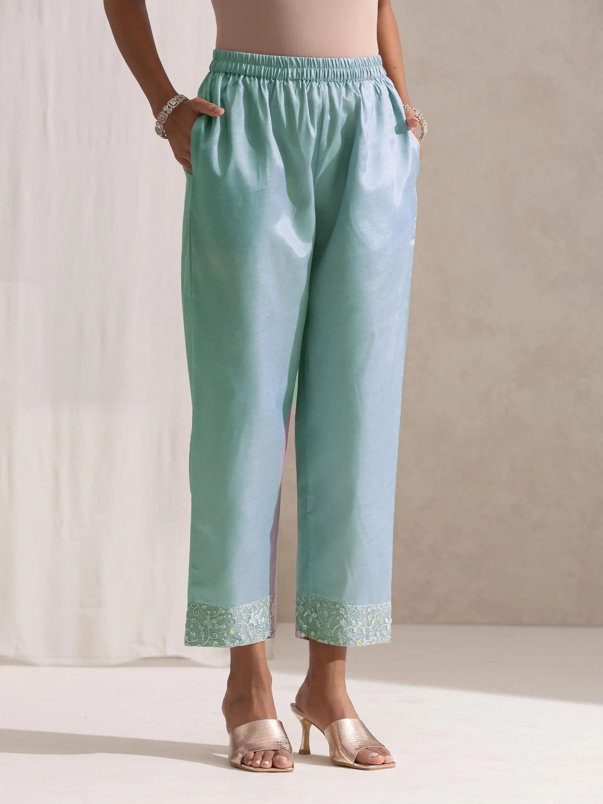 3 Pc SET - Blue Beaded and Embroidered Organza Kurta and Dupatta with Pyjama