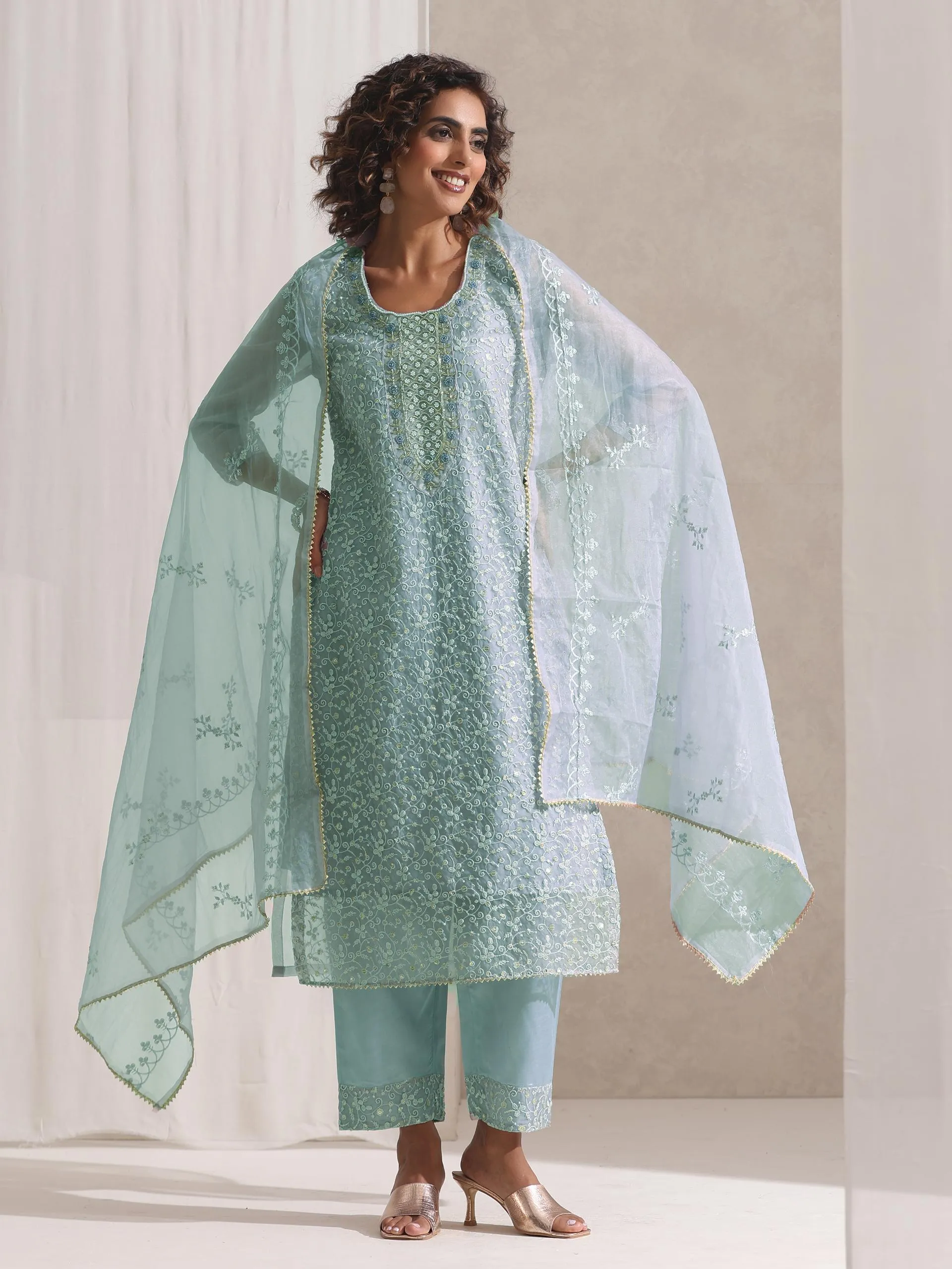 3 Pc SET - Blue Beaded and Embroidered Organza Kurta and Dupatta with Pyjama