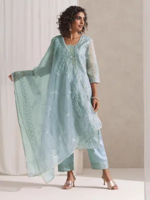 3 Pc SET - Blue Beaded and Embroidered Organza Kurta and Dupatta with Pyjama