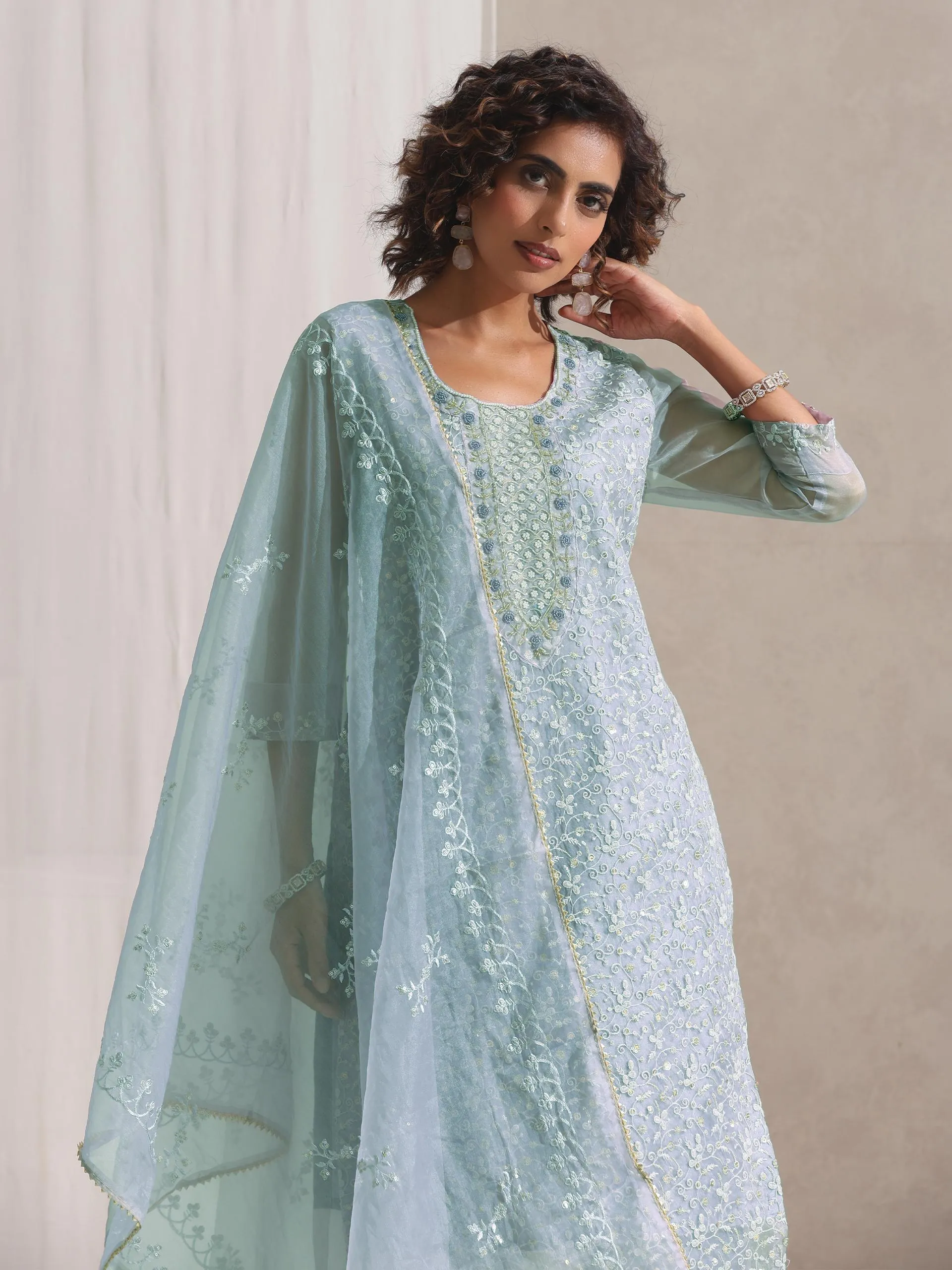 3 Pc SET - Blue Beaded and Embroidered Organza Kurta and Dupatta with Pyjama