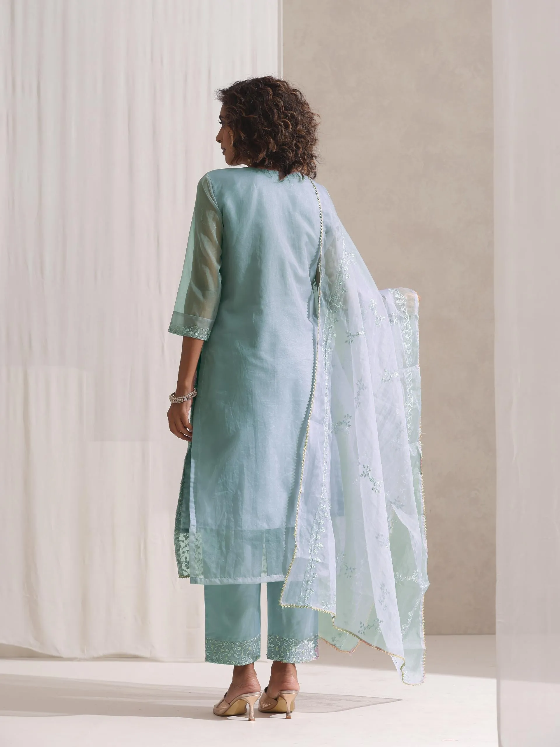 3 Pc SET - Blue Beaded and Embroidered Organza Kurta and Dupatta with Pyjama