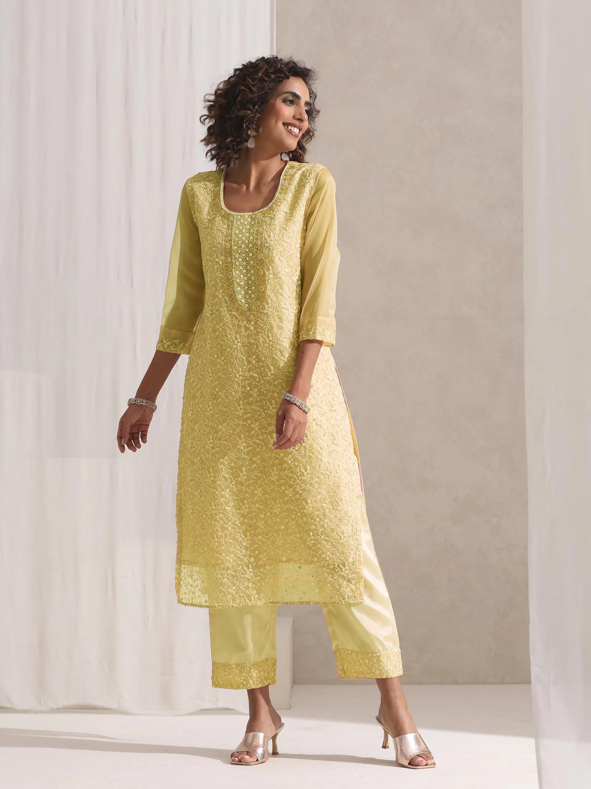 3 Pc SET - Lemon Beaded and Embroidered Organza Kurta and Dupatta with Pyjama