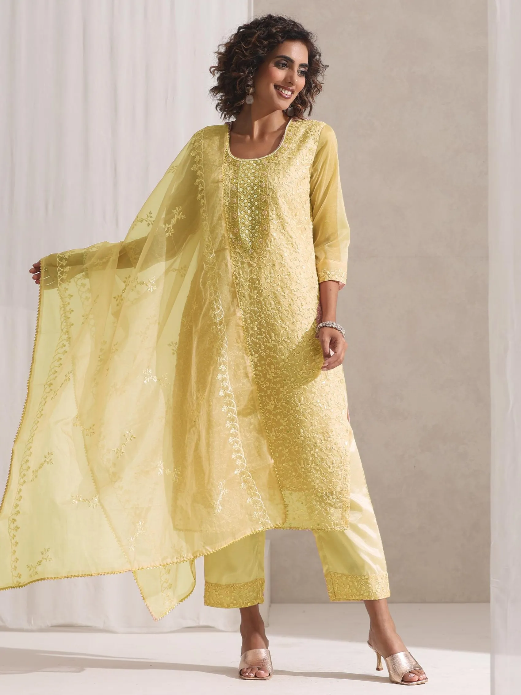 3 Pc SET - Lemon Beaded and Embroidered Organza Kurta and Dupatta with Pyjama