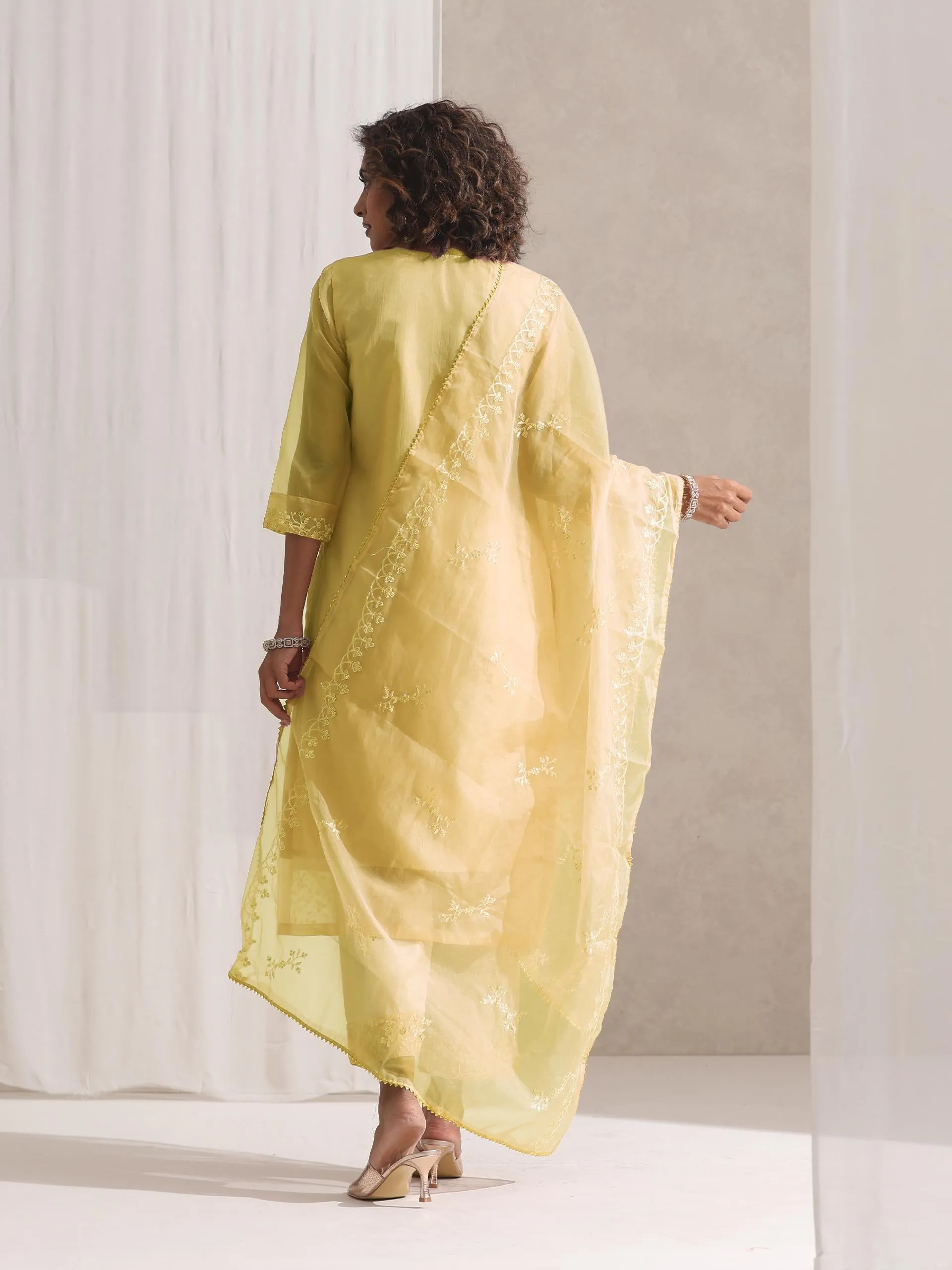 3 Pc SET - Lemon Beaded and Embroidered Organza Kurta and Dupatta with Pyjama
