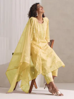 3 Pc SET - Lemon Beaded and Embroidered Organza Kurta and Dupatta with Pyjama