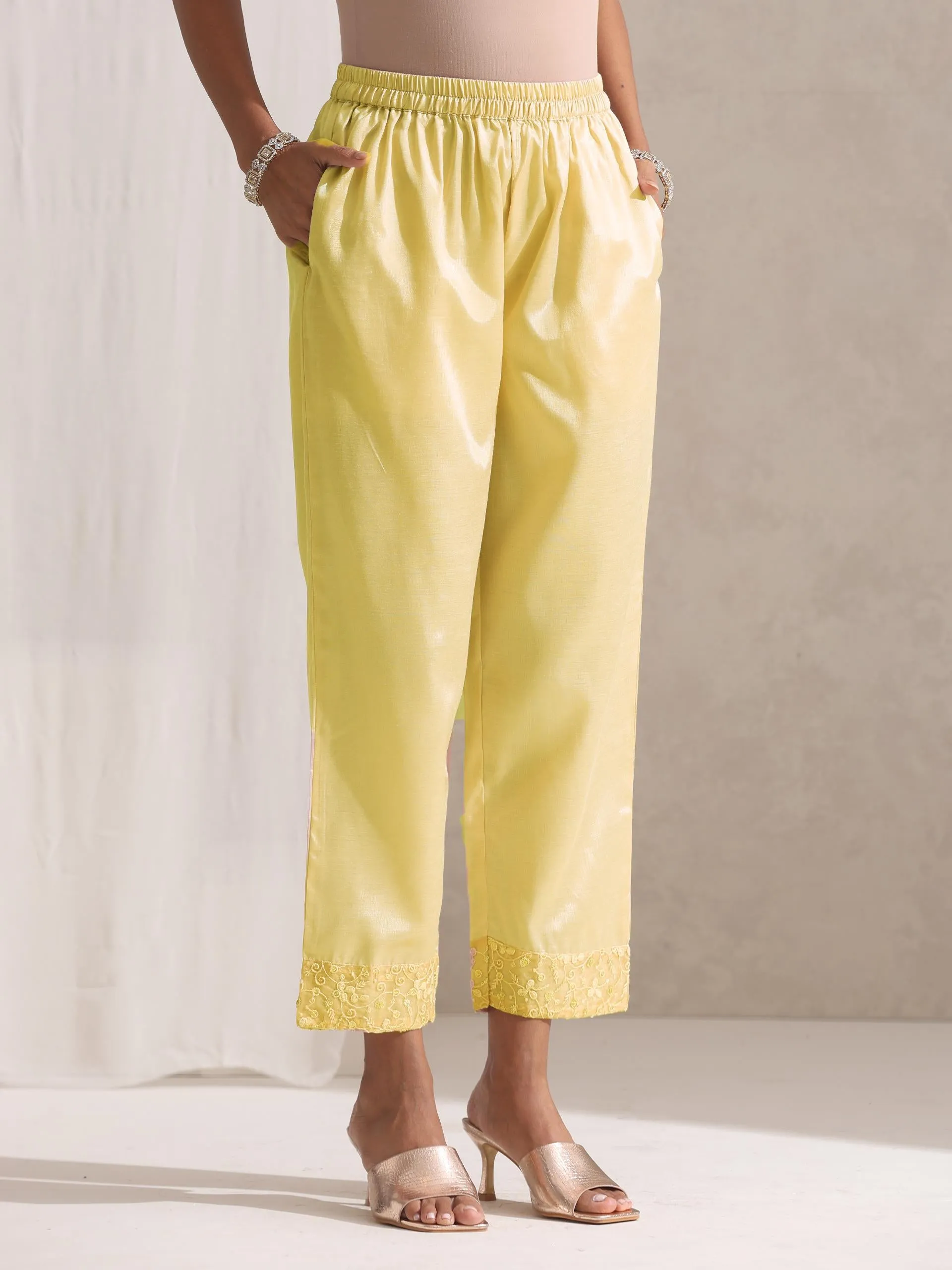 3 Pc SET - Lemon Beaded and Embroidered Organza Kurta and Dupatta with Pyjama