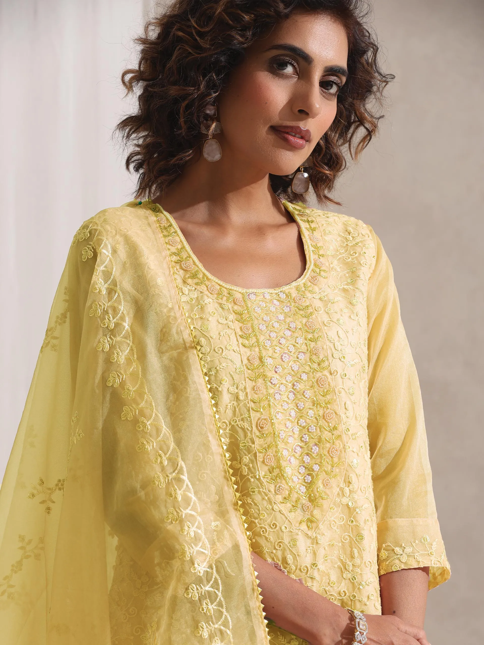 3 Pc SET - Lemon Beaded and Embroidered Organza Kurta and Dupatta with Pyjama