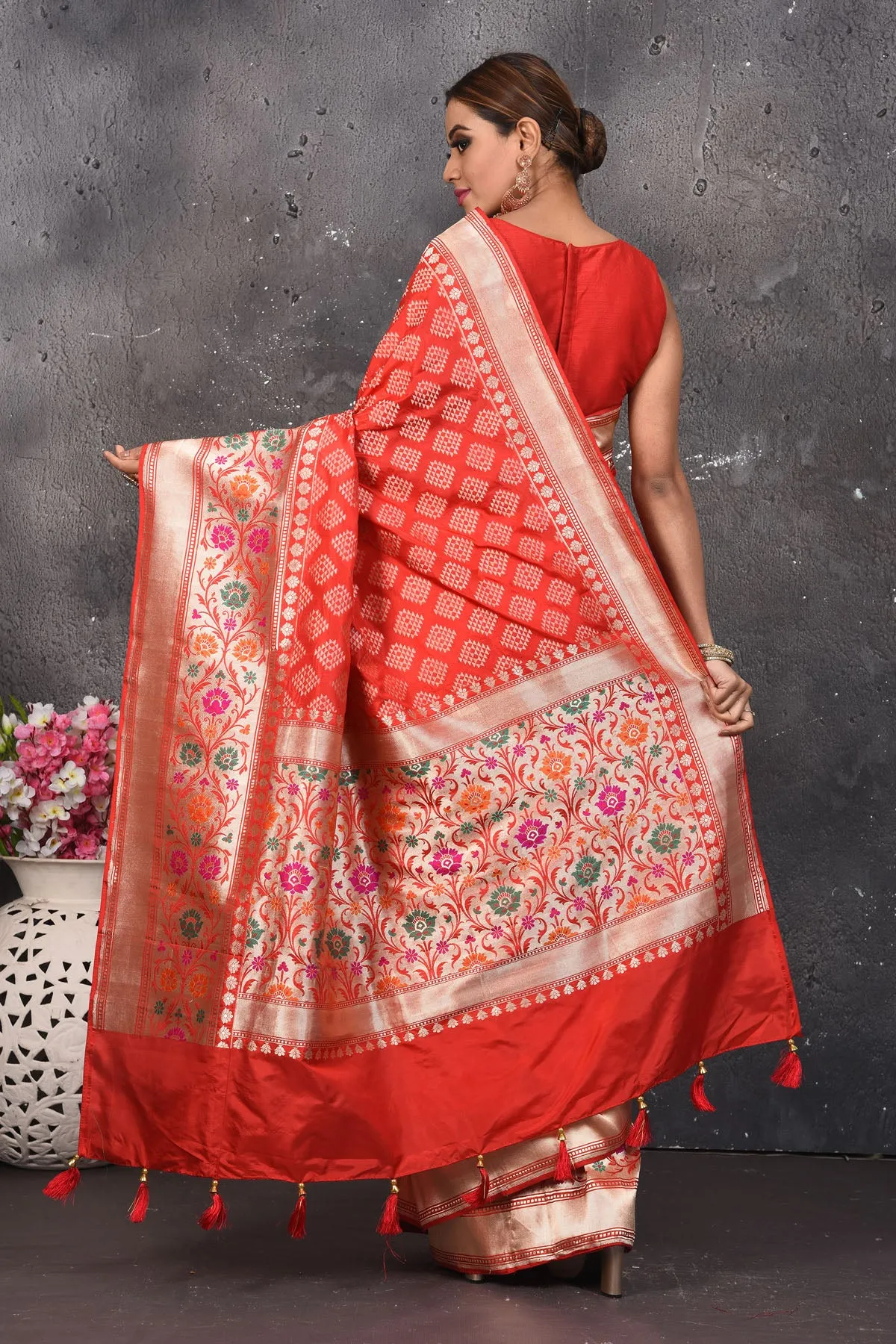 90N110 Coral Red Silk Brocade Handloom Banarasi Saree with Colourful Floral Border