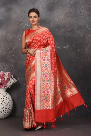 90N110 Coral Red Silk Brocade Handloom Banarasi Saree with Colourful Floral Border