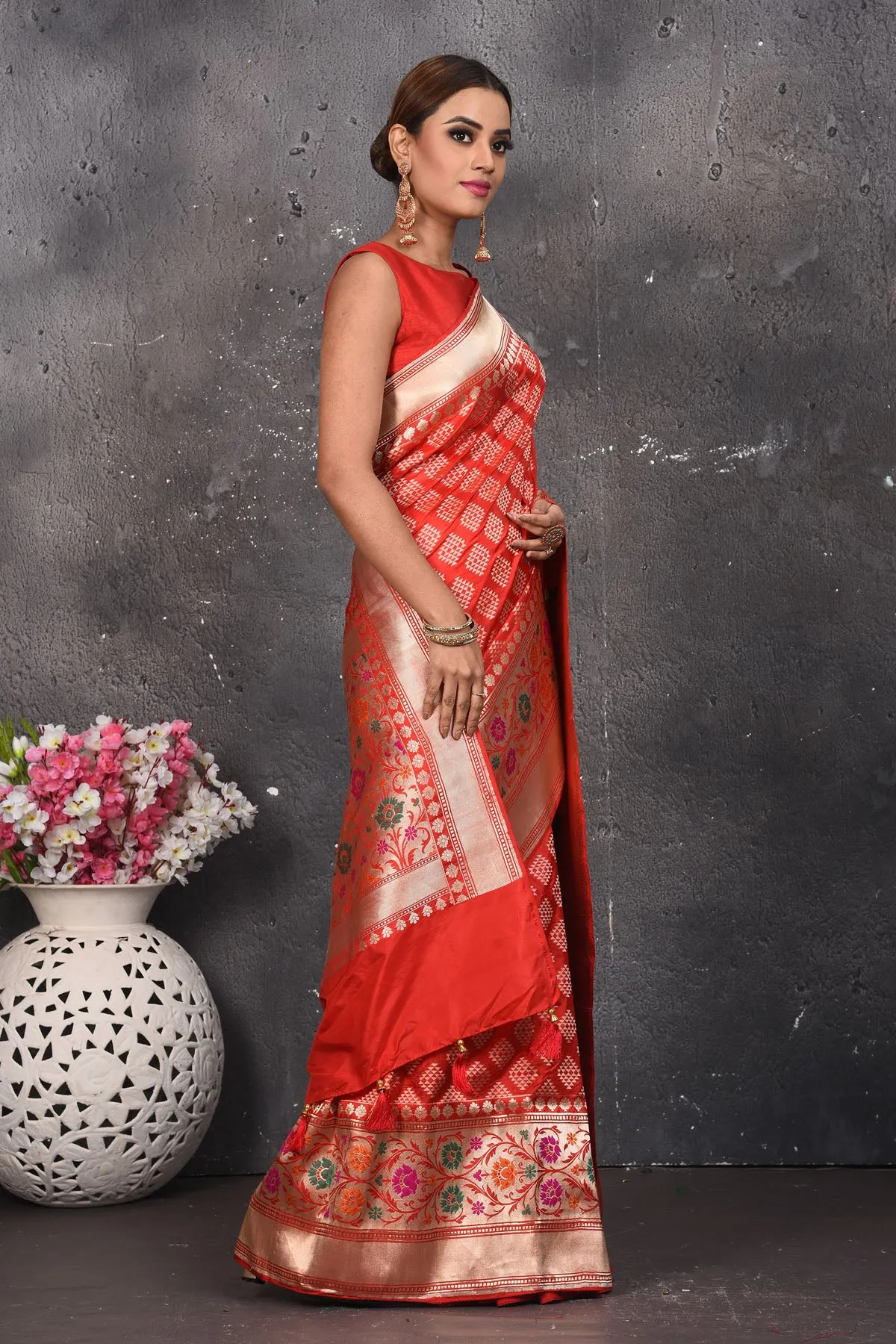 90N110 Coral Red Silk Brocade Handloom Banarasi Saree with Colourful Floral Border