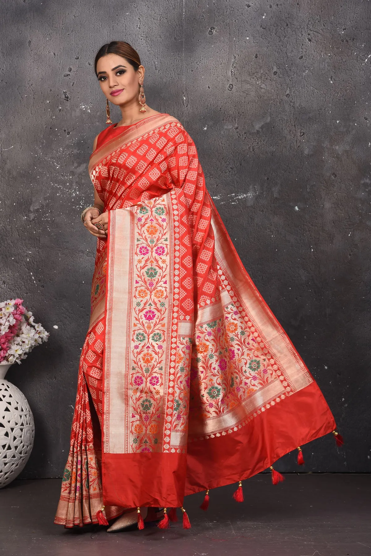 90N110 Coral Red Silk Brocade Handloom Banarasi Saree with Colourful Floral Border