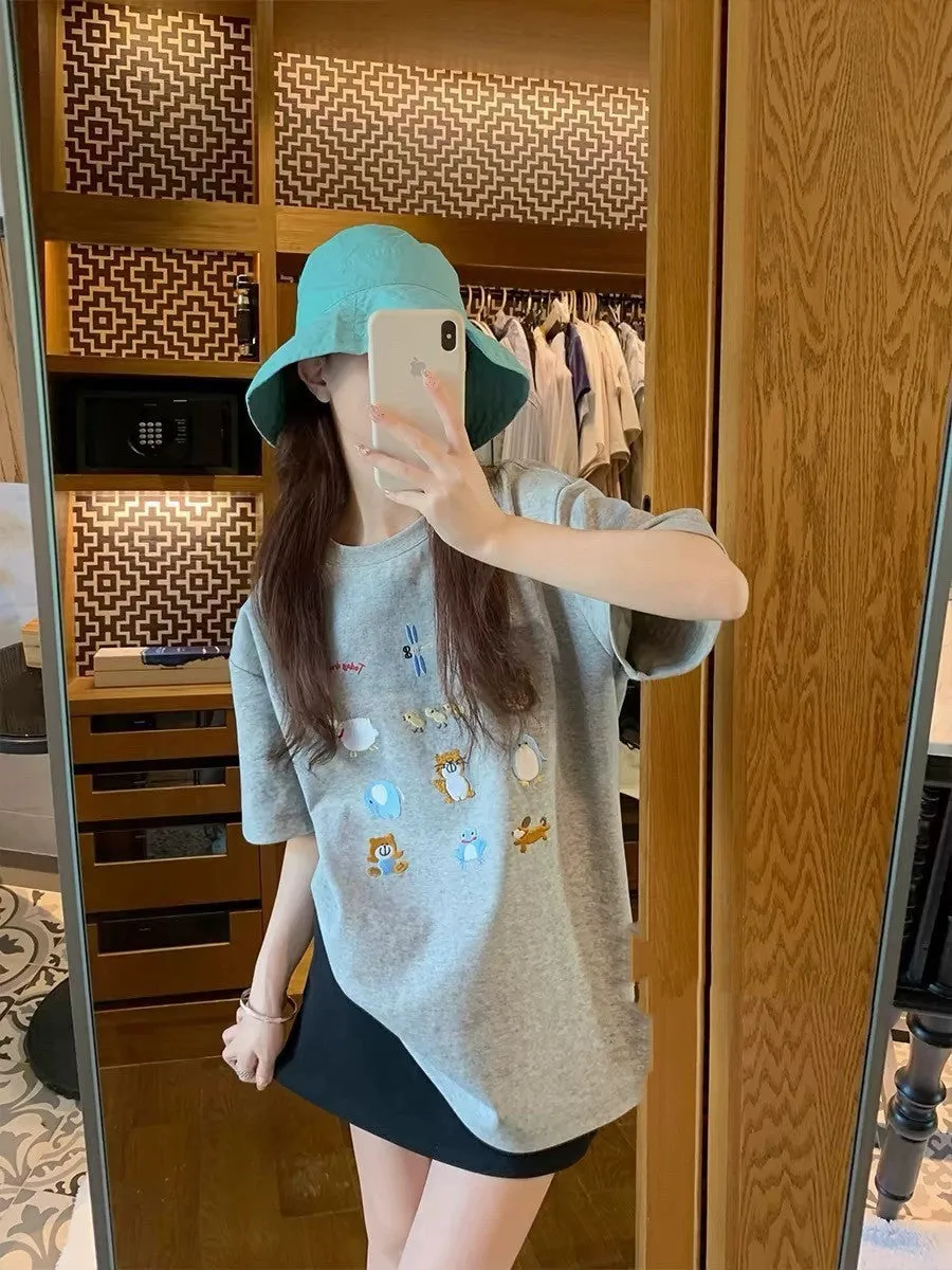 ADER H Women's Oversized T-Shirt | Trendy Loose Fit Tee with Cute Embroidery | Soft & Comfy Crew Neck | Must-Have Casual Style!