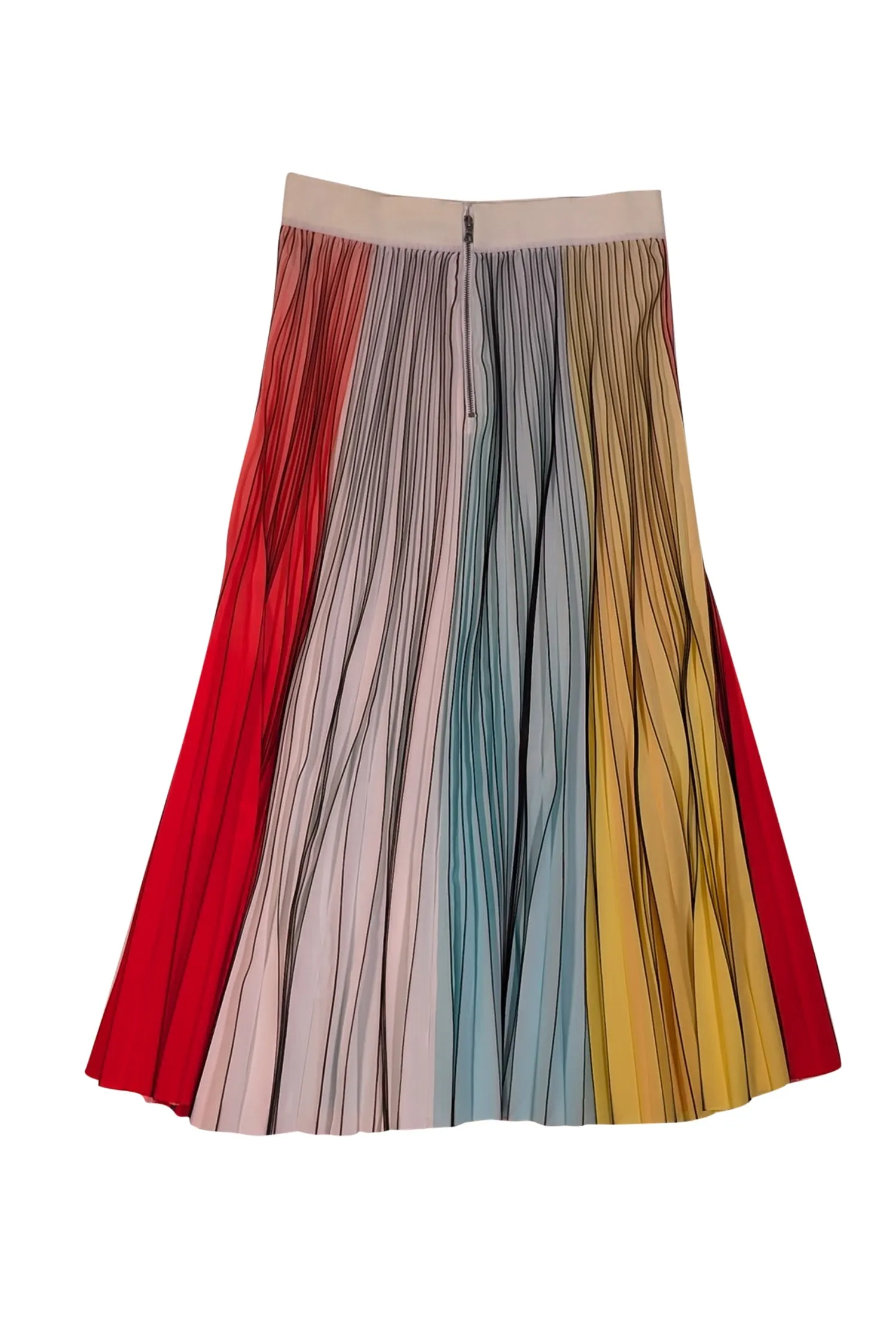 Alice & Olivia - Pastel Blue, Yellow, Red, & White Pleated Midi Skirt Sz 10