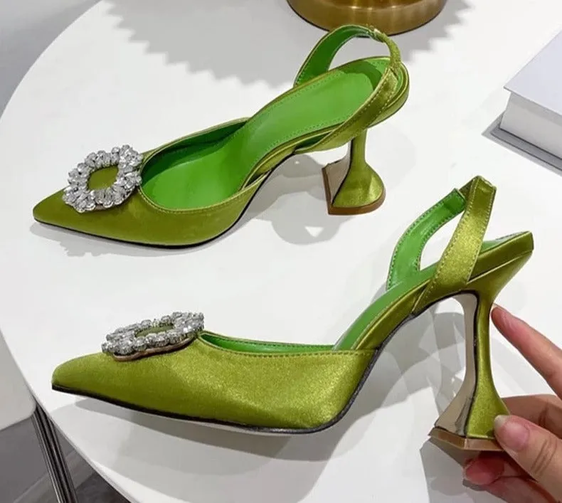 Autumn Design Silk Women Pumps Crystal Strange Style High Heels Comfortable Party Wedding Bride Shoes