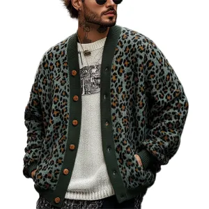 BACKWOODS | Men’s Vintage Leopard Jacquard Colorblock Single-Breasted Cardigan