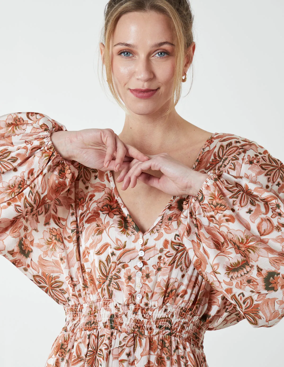 Balloon Sleeve Floral Midi Dress