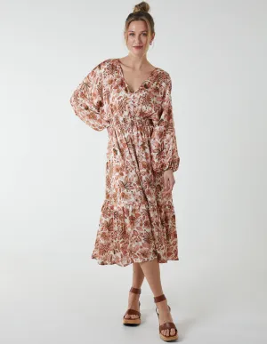 Balloon Sleeve Floral Midi Dress