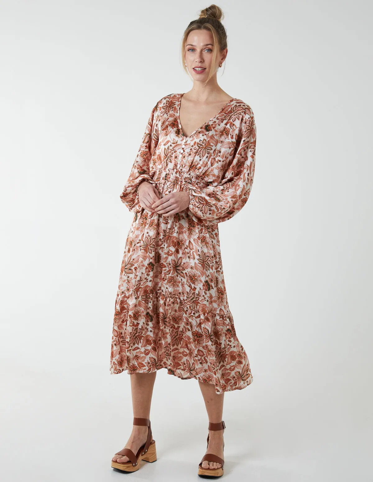Balloon Sleeve Floral Midi Dress