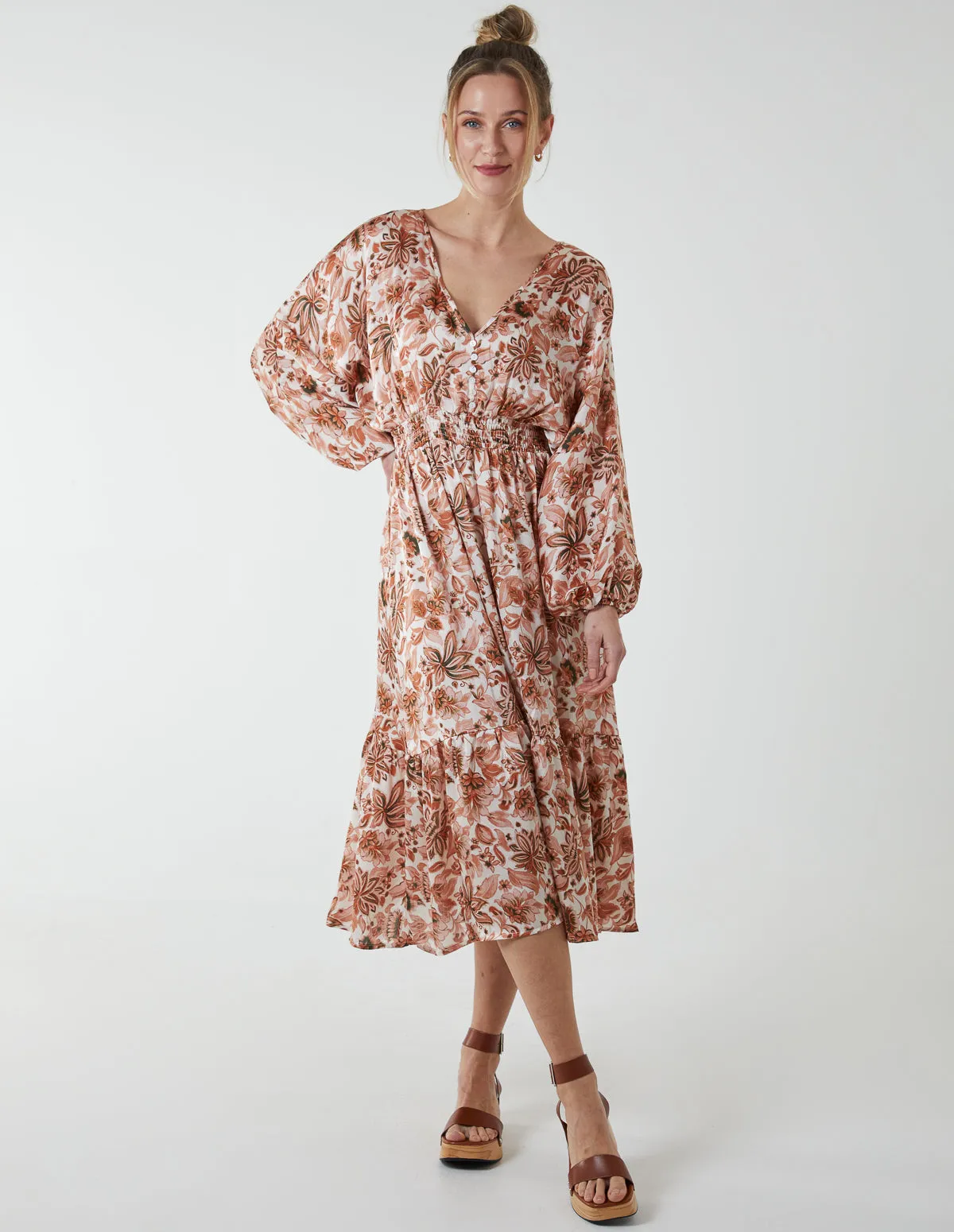 Balloon Sleeve Floral Midi Dress