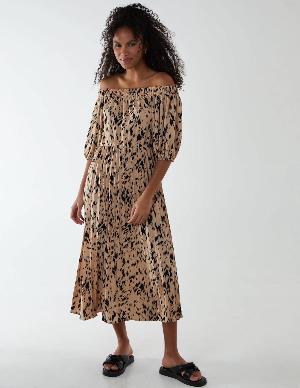 Bardot Midi Dress With Pleated Hem