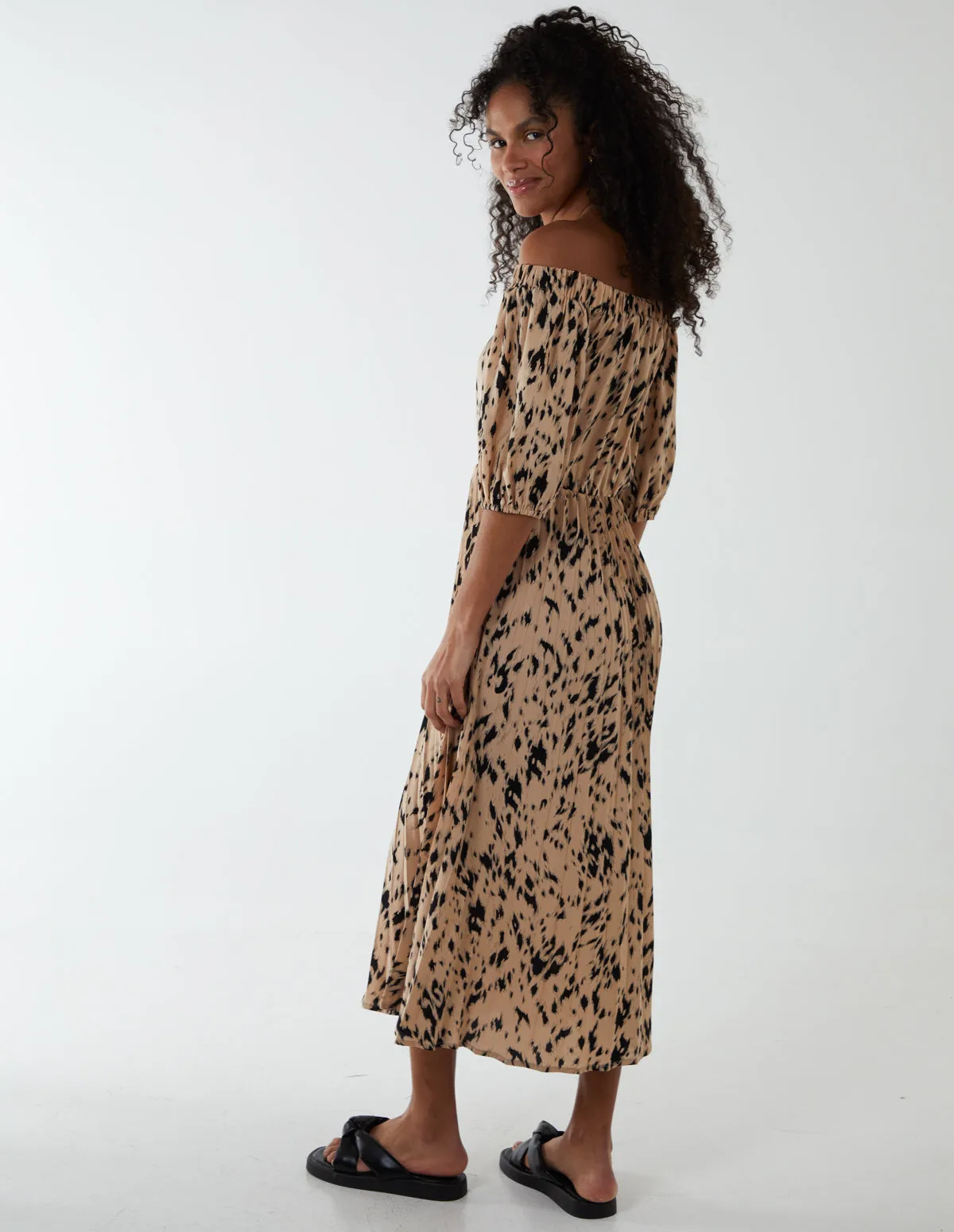 Bardot Midi Dress With Pleated Hem