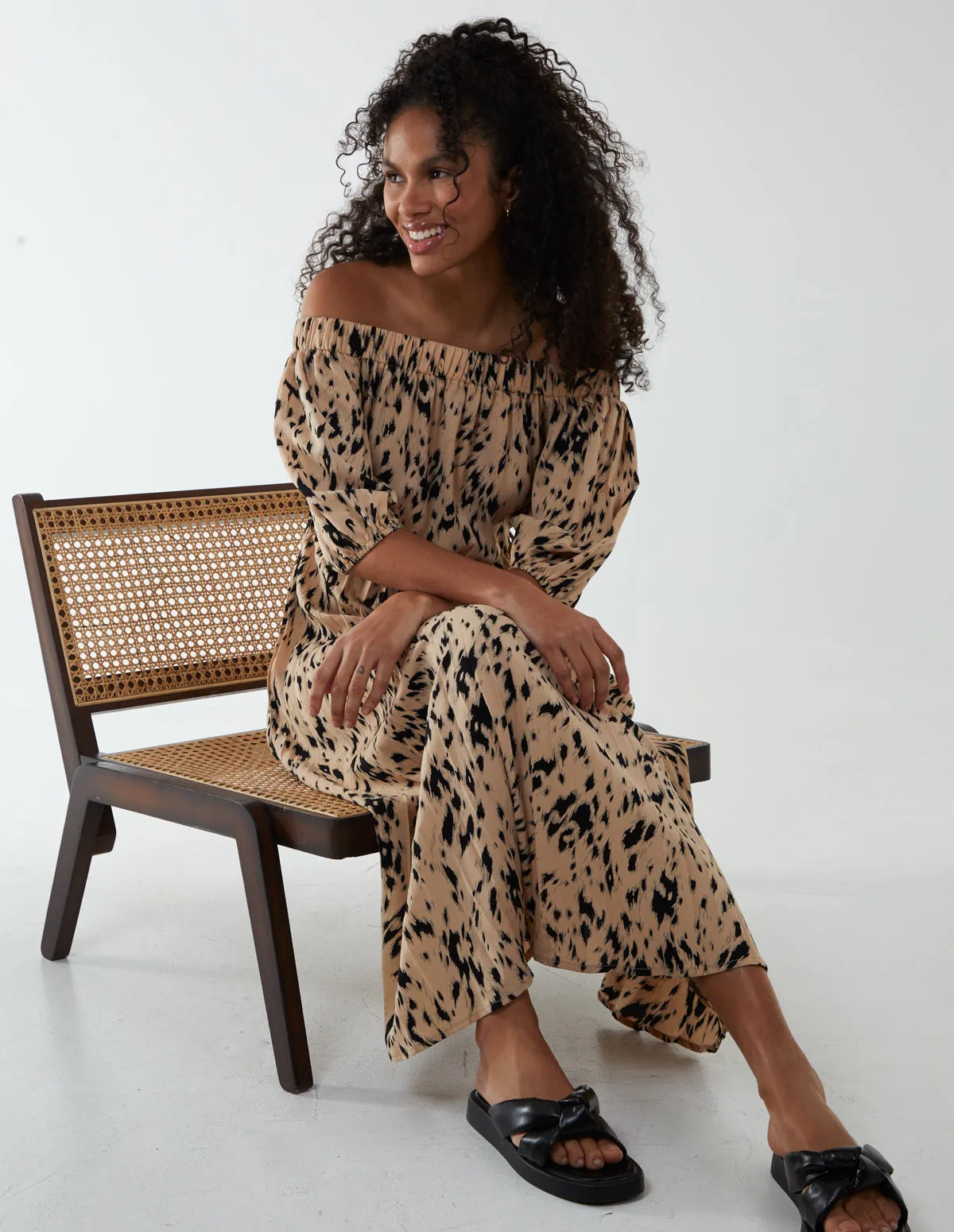 Bardot Midi Dress With Pleated Hem