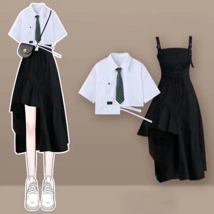 Black Pocket Lapel Tie T-Shirt Irregular Slip Dress Set