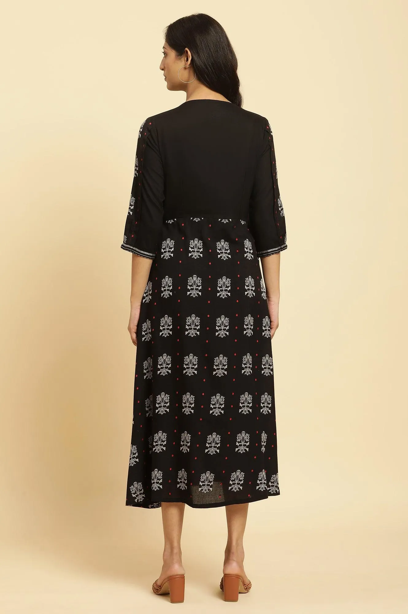 Black Printed Gathered Dress