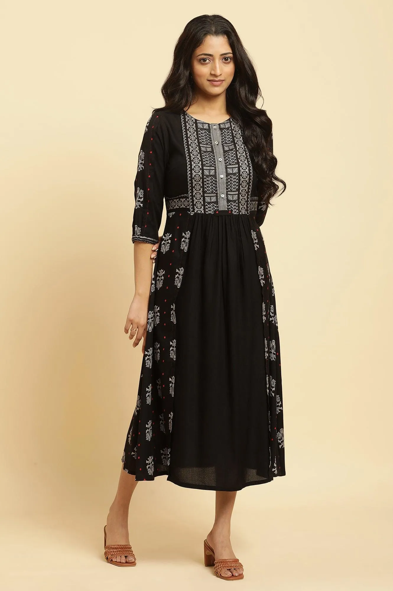 Black Printed Gathered Dress