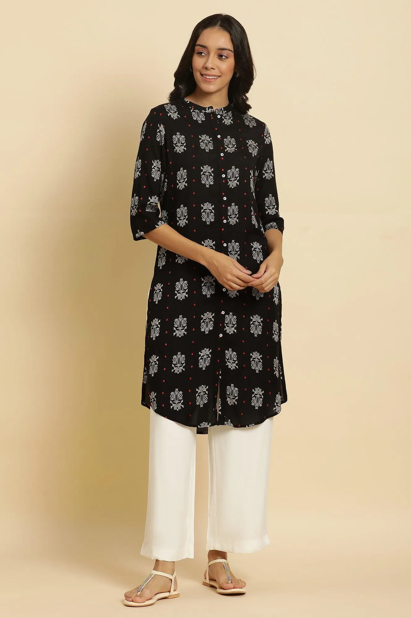 Black Printed Shirt Style Kurta