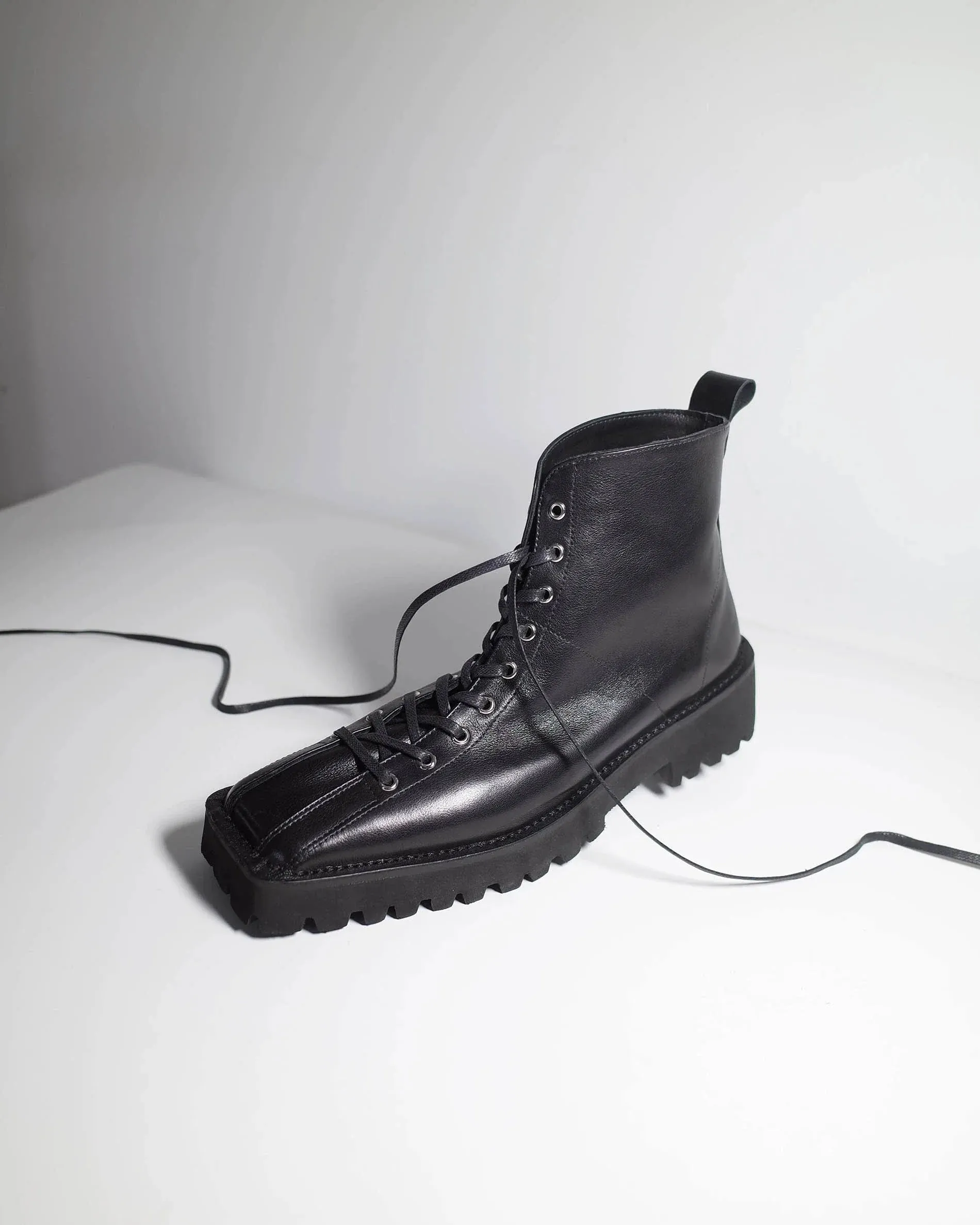 Black Square Toe Lace-Up Boots
