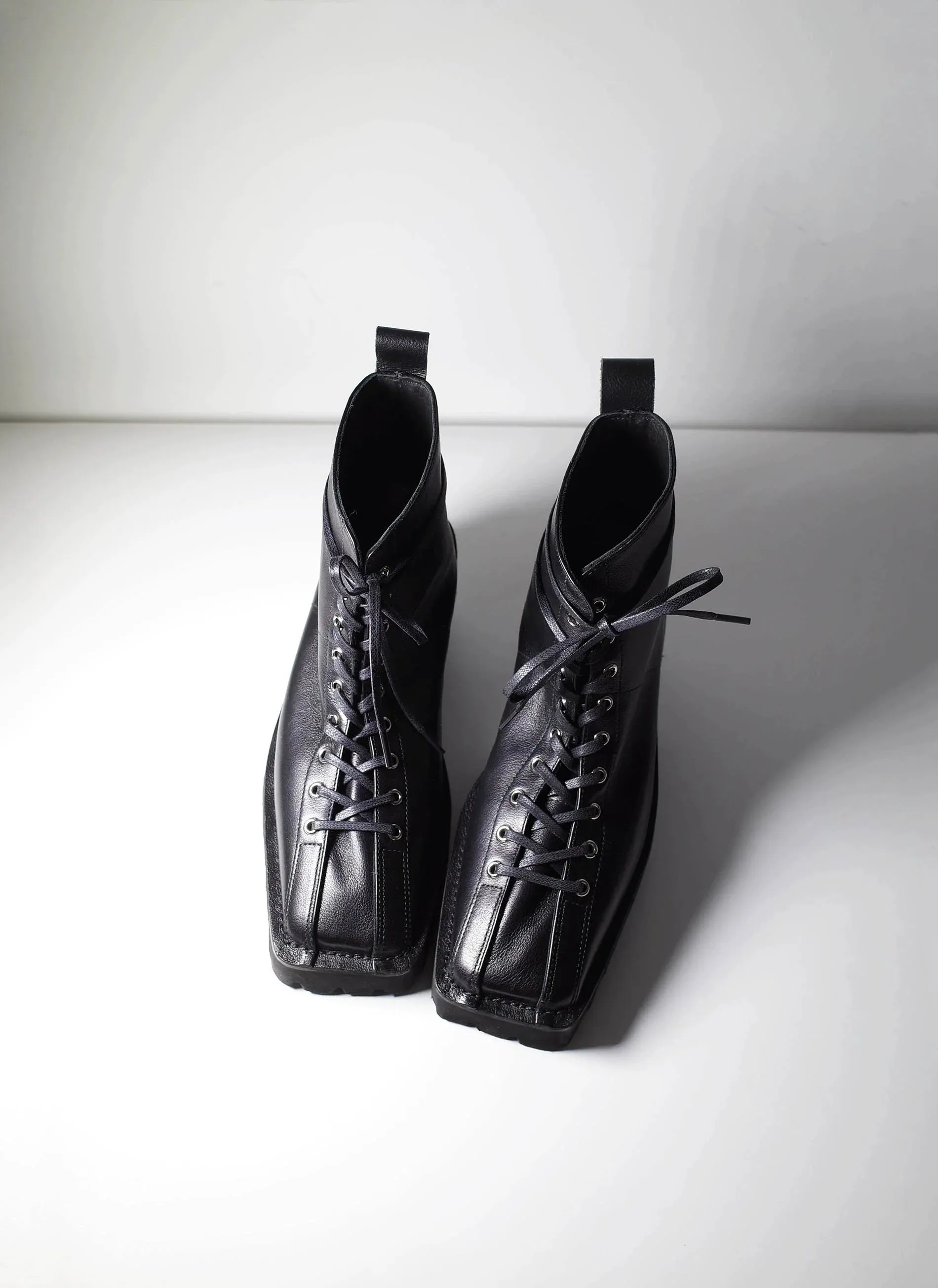 Black Square Toe Lace-Up Boots