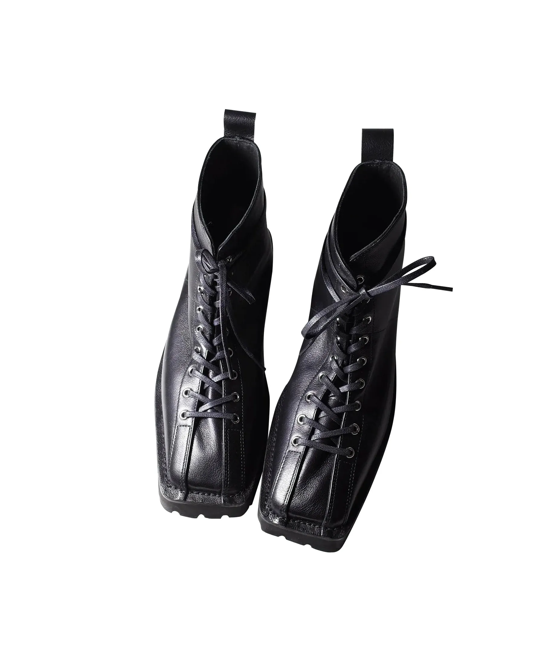Black Square Toe Lace-Up Boots