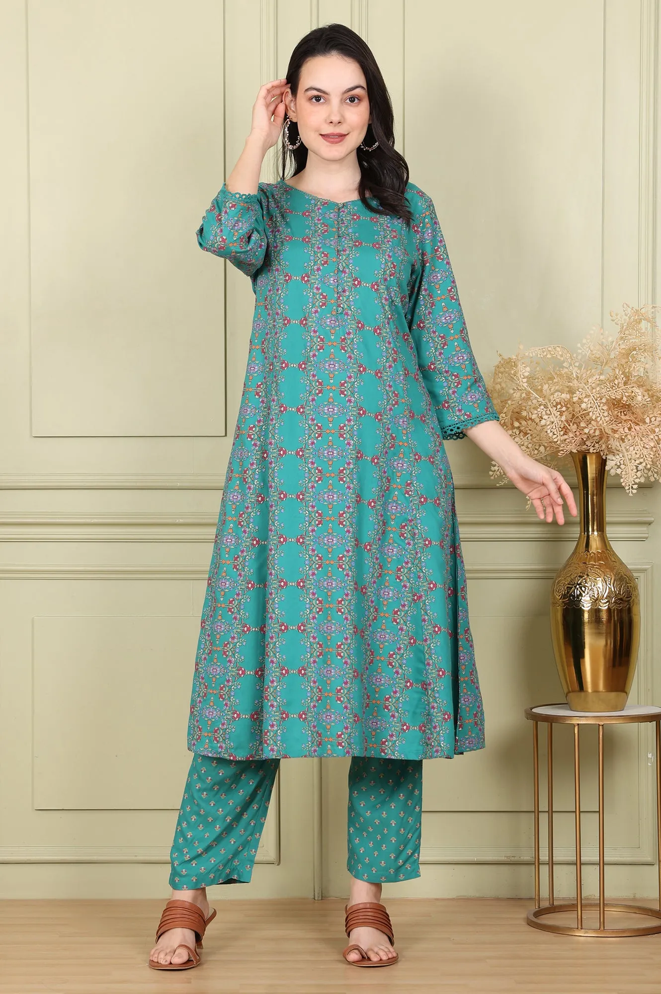 Blue Floral Printed Flared Rayon Kurta With Lace