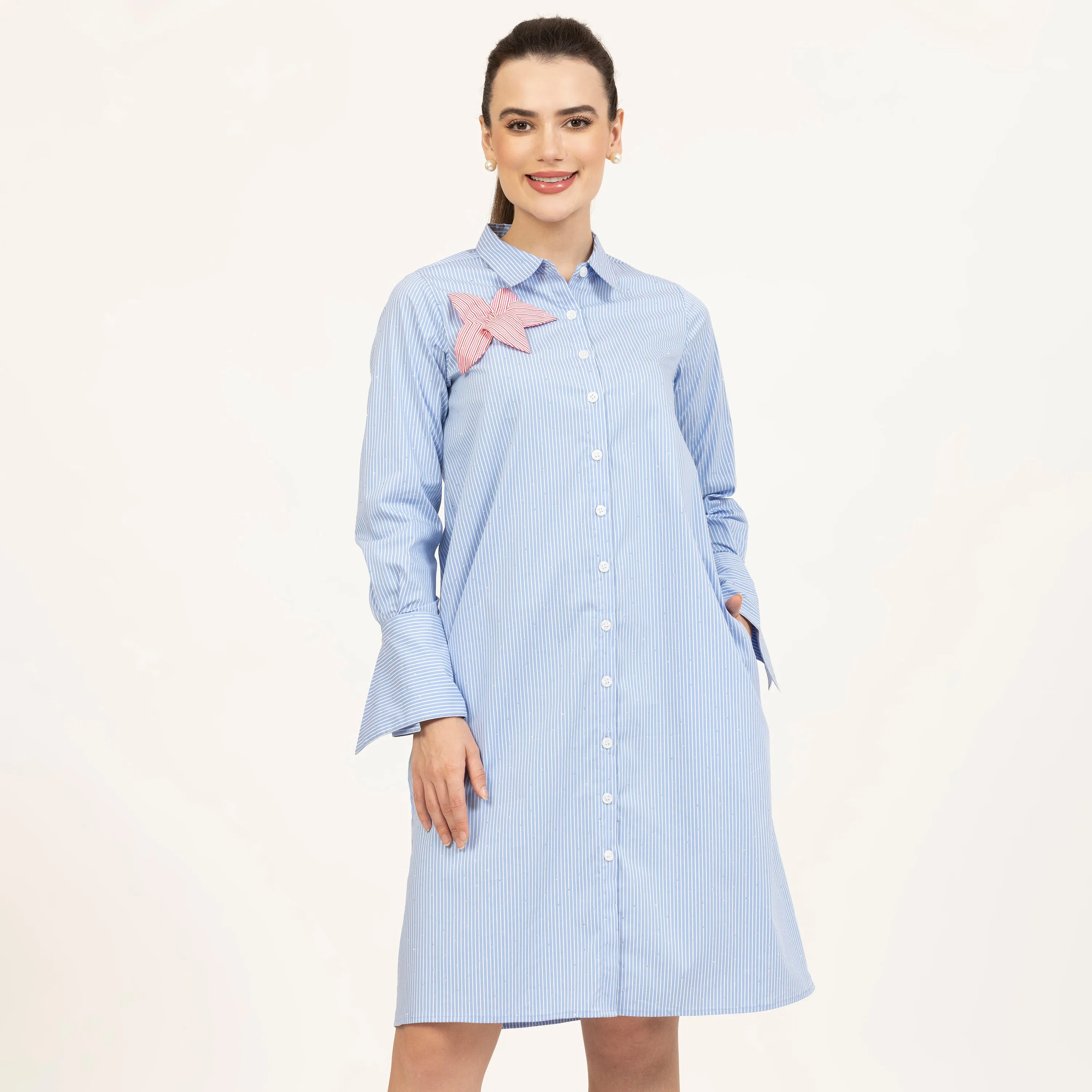 Blue Striped Tunic With Flower Patch And Silver Studs