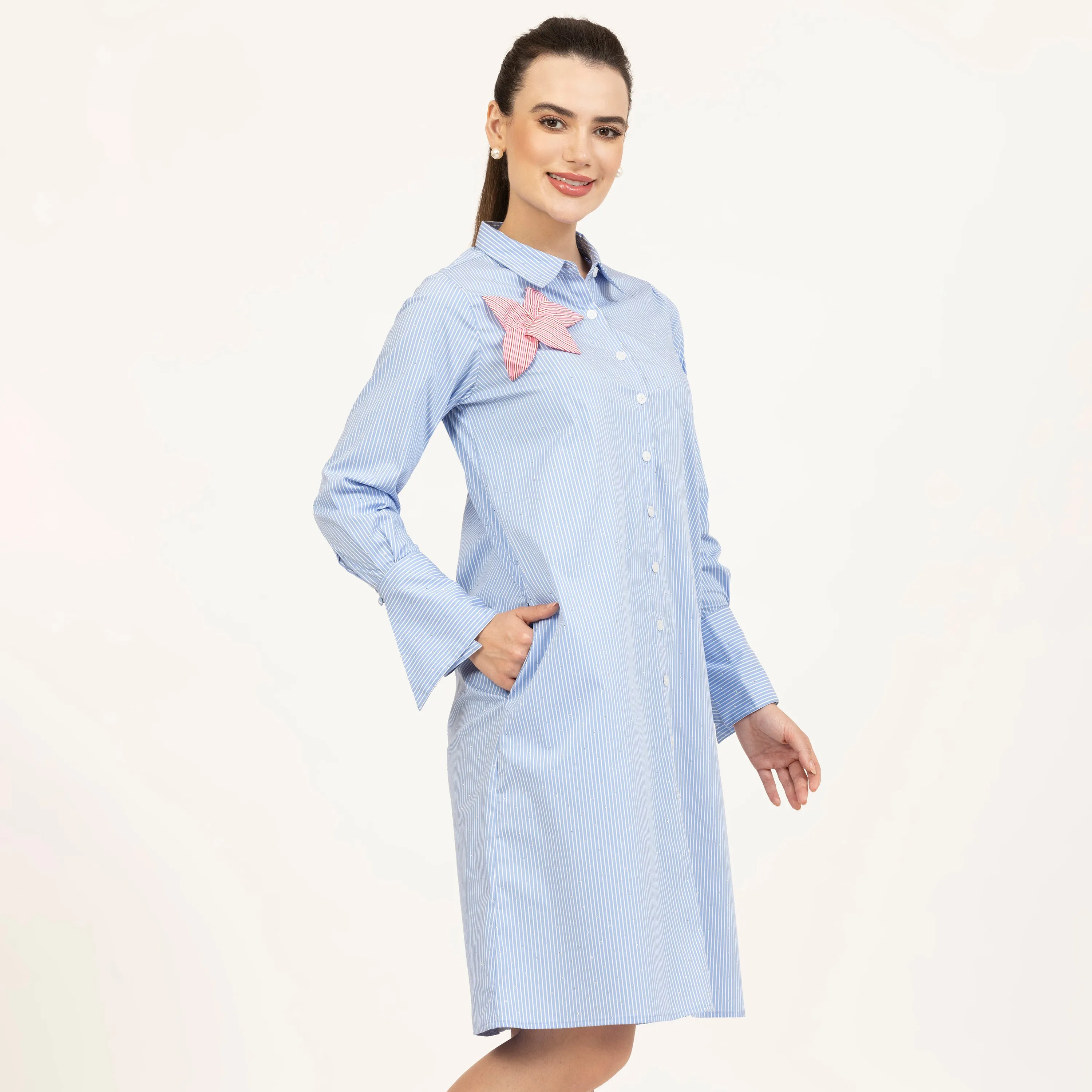 Blue Striped Tunic With Flower Patch And Silver Studs