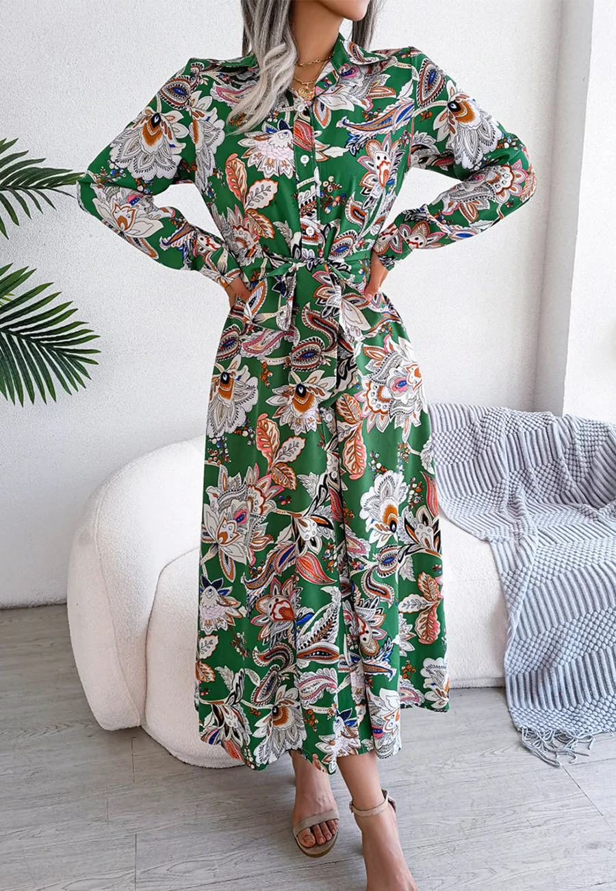 Botanical Print Belted Waist Dress