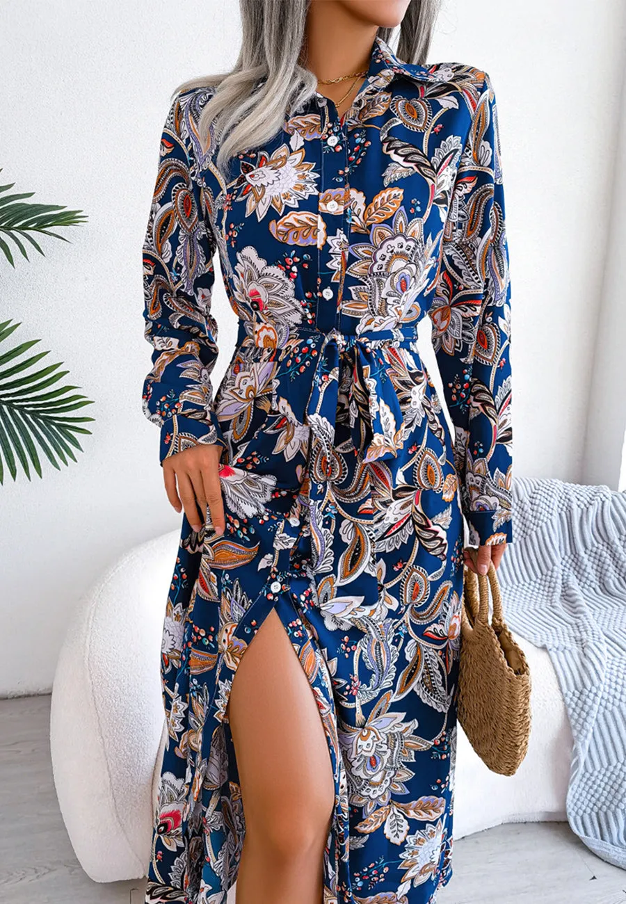 Botanical Print Belted Waist Dress