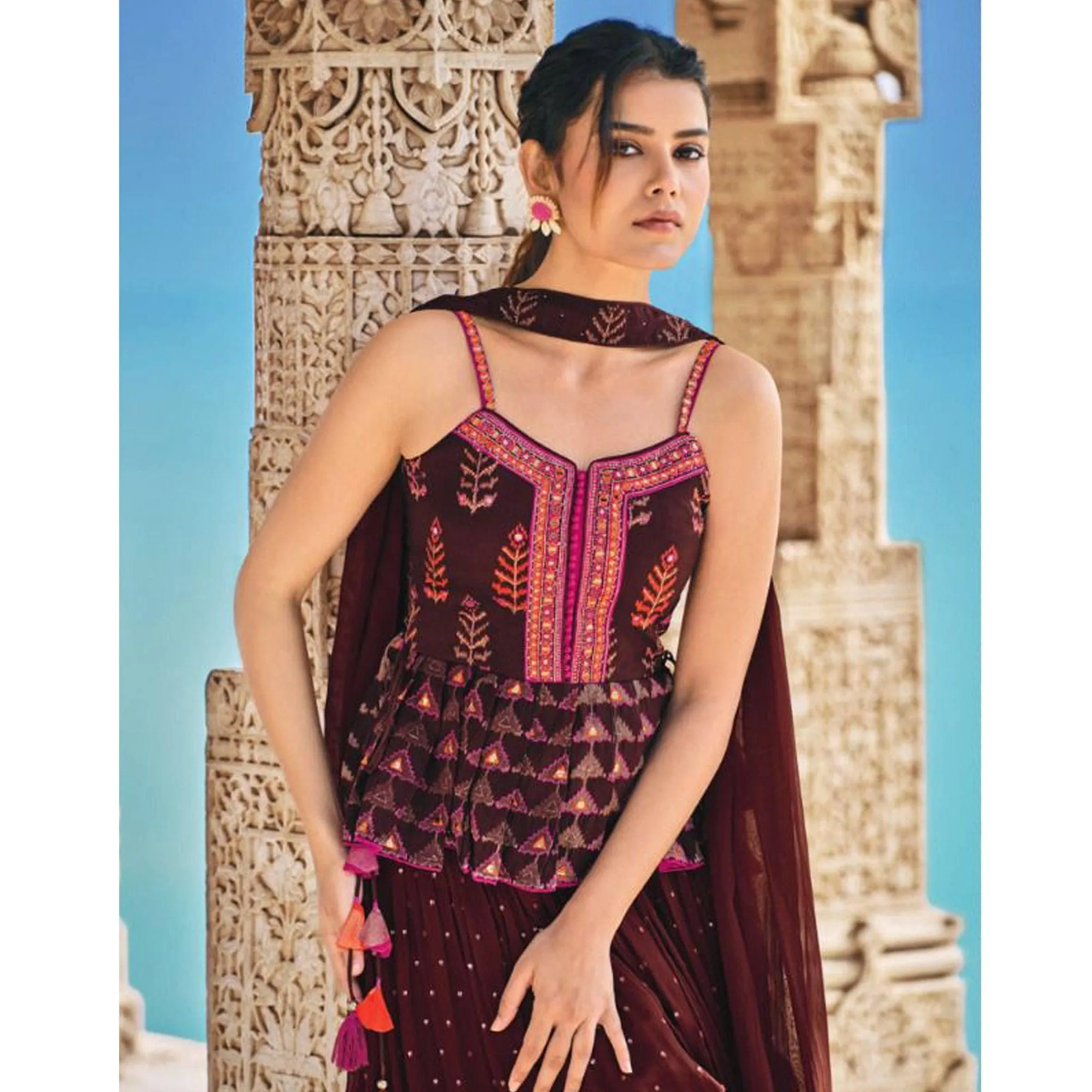 Brown Partywear Patola Printed Silk Sharara Suit