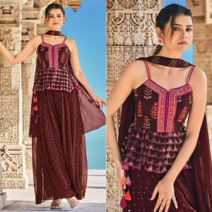 Brown Partywear Patola Printed Silk Sharara Suit