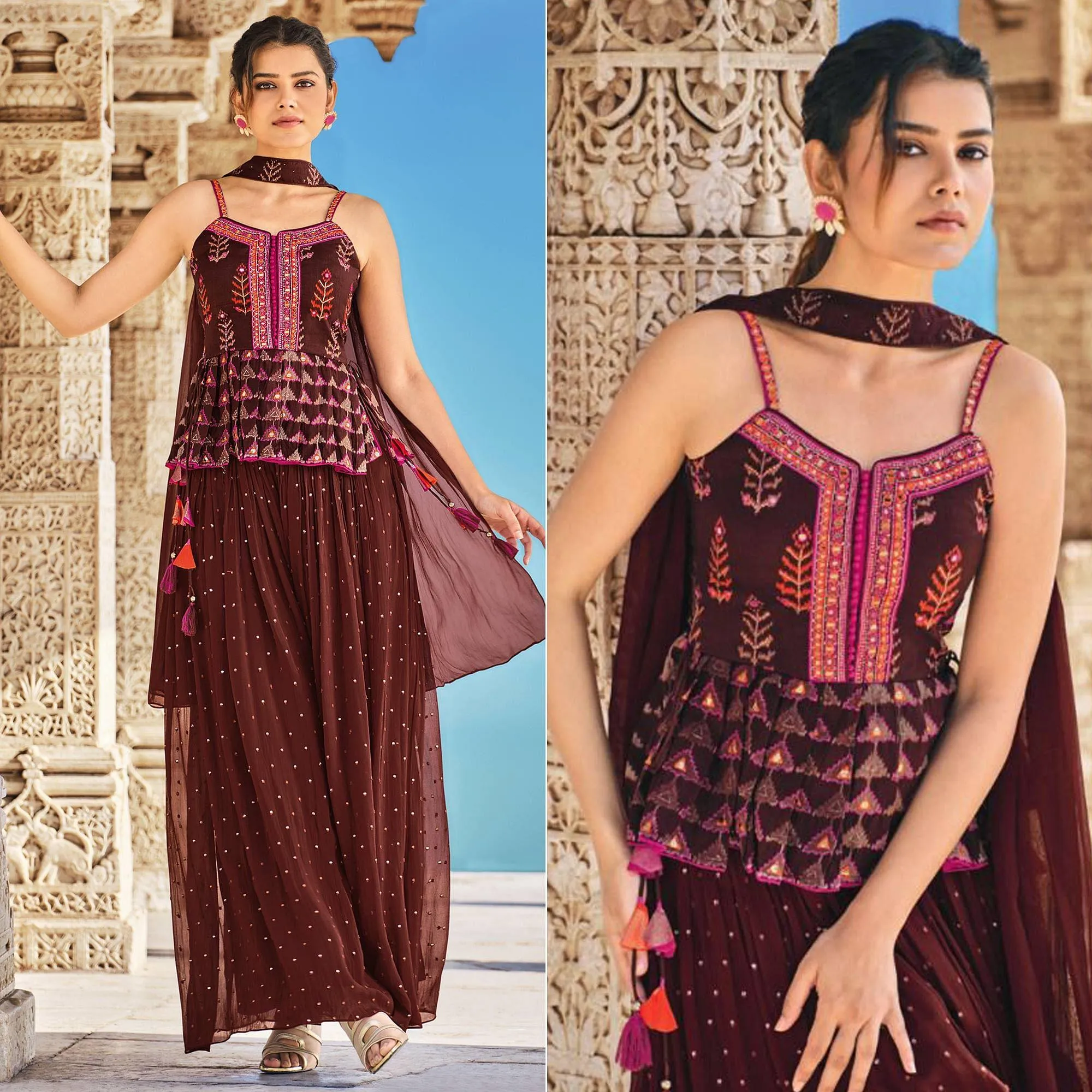 Brown Partywear Patola Printed Silk Sharara Suit