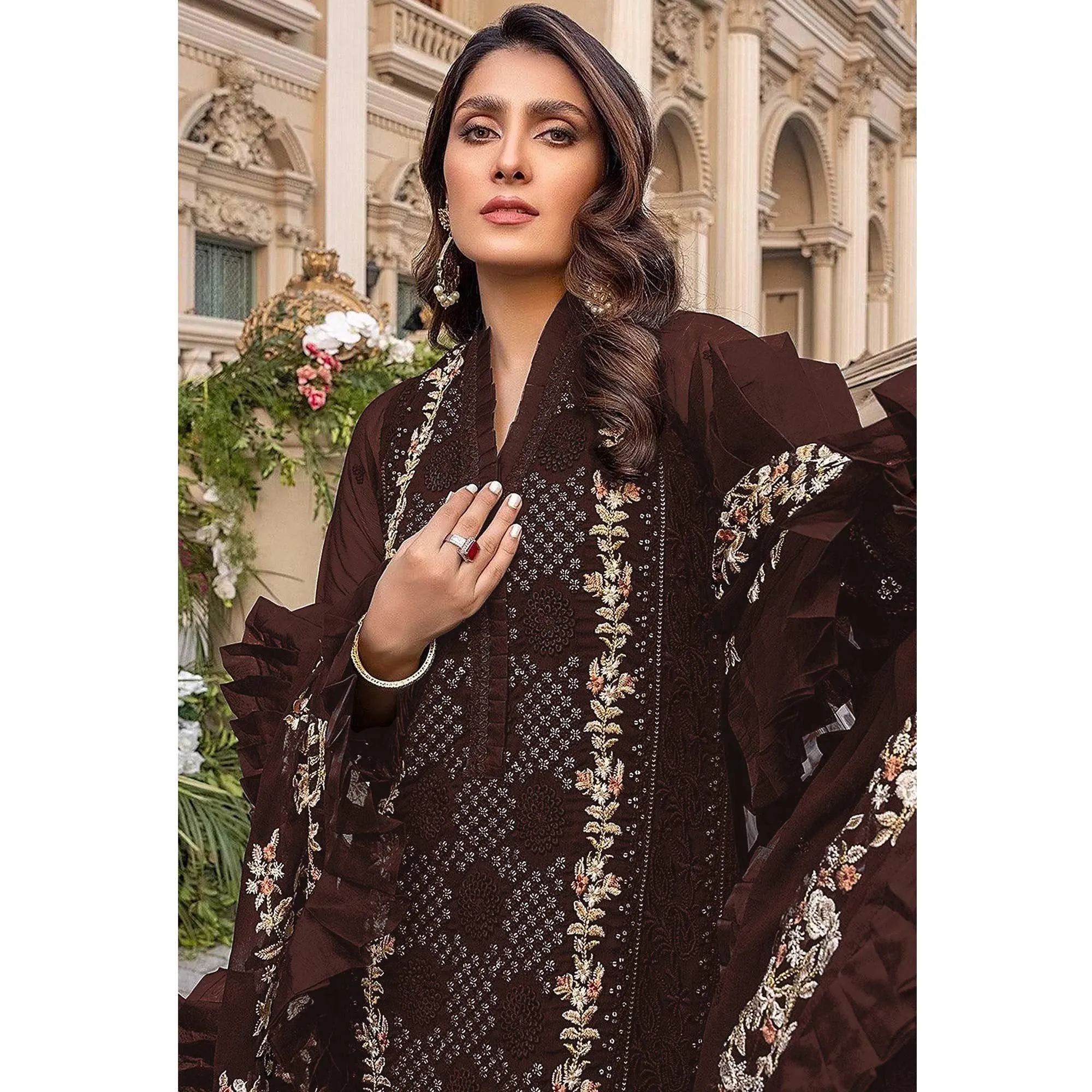 Brown Sequins With Floral Embroidered Georgette Pakistani Suit