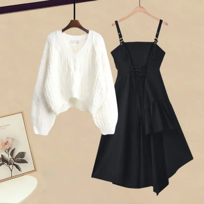 Cable Knit Sweater Lace Up Irregular Slip Dress Set