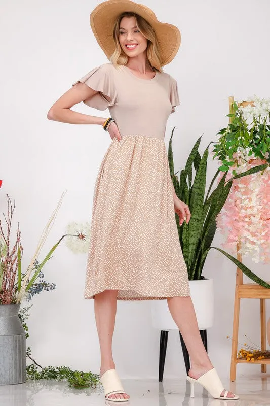 Celeste Plus Size Polka Dot Round Neck Flutter Sleeve Midi Dress