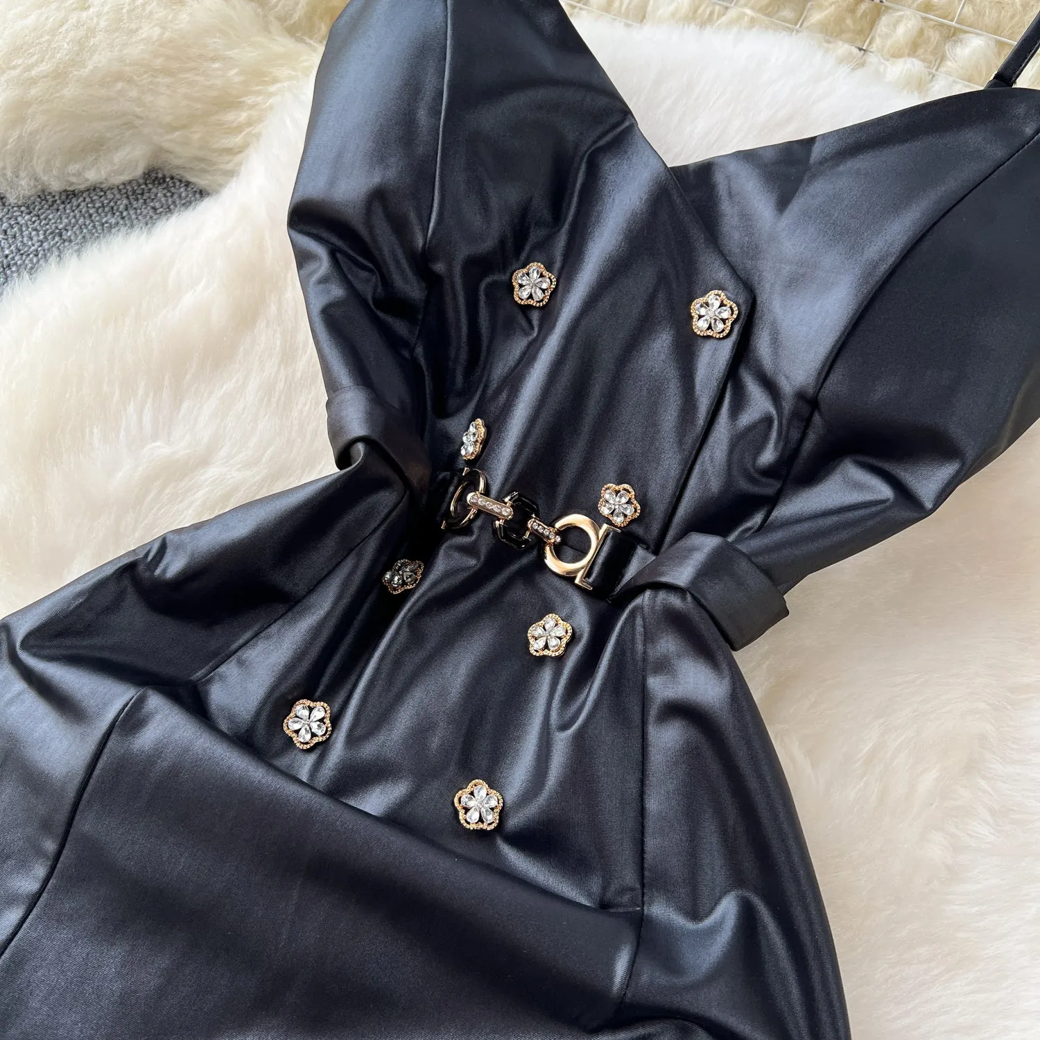 Chic Beaded Black PU Split Dress