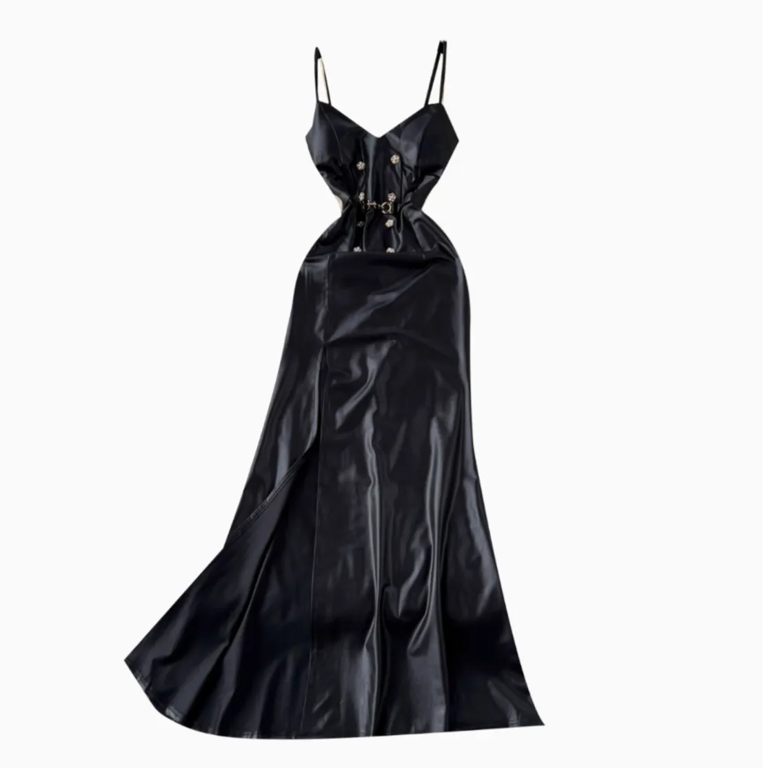 Chic Beaded Black PU Split Dress