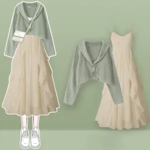 Chic Cardigan Sweater Flouncing Slip Dress Set