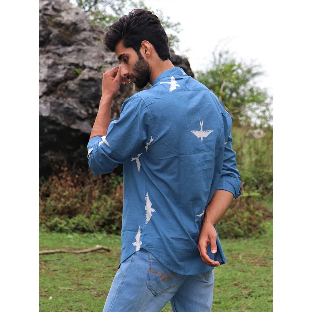 Chidiyaa Blue Fly on Block Printed Cotton Shirt