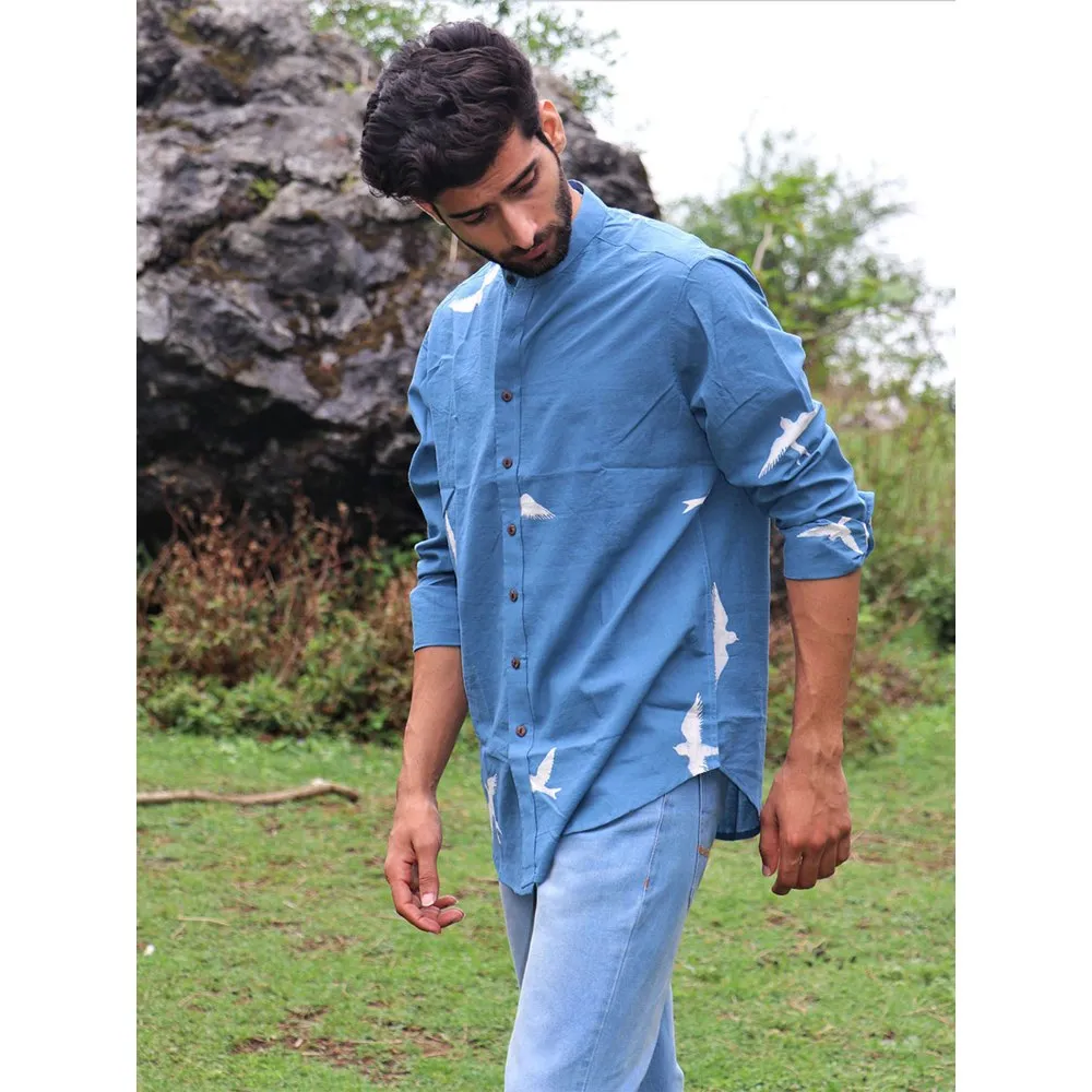 Chidiyaa Blue Fly on Block Printed Cotton Shirt